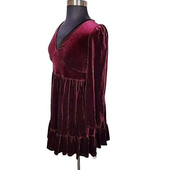 Halara Burgundy Velvet Deep V Neck Long Sleeve Ruffle Hem Dress Size XL - Picture 7 of 9